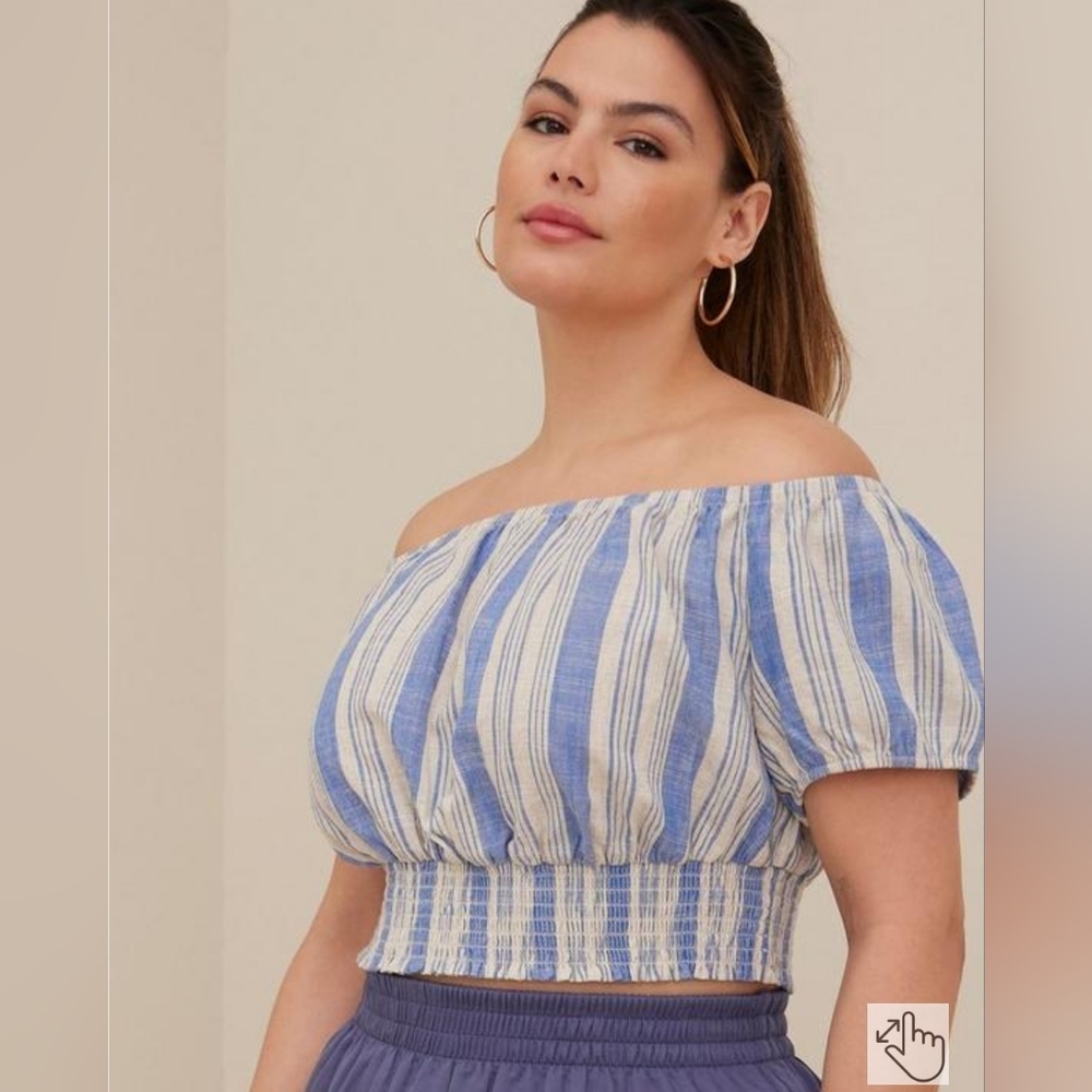Linen Blend Smocked Waist Off-Shoulder Crop Top